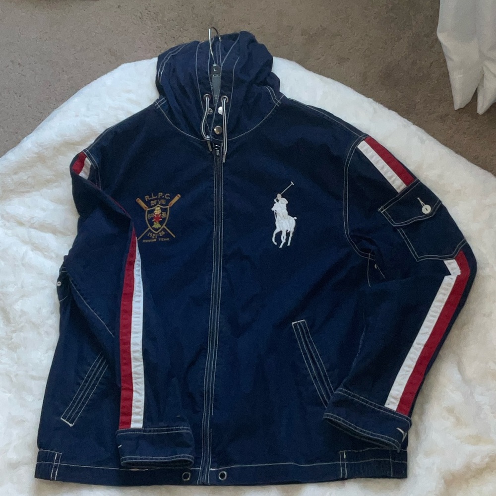 Polo by Ralph Lauren Navy Windbreaker with Red & White Sleeve Stripes